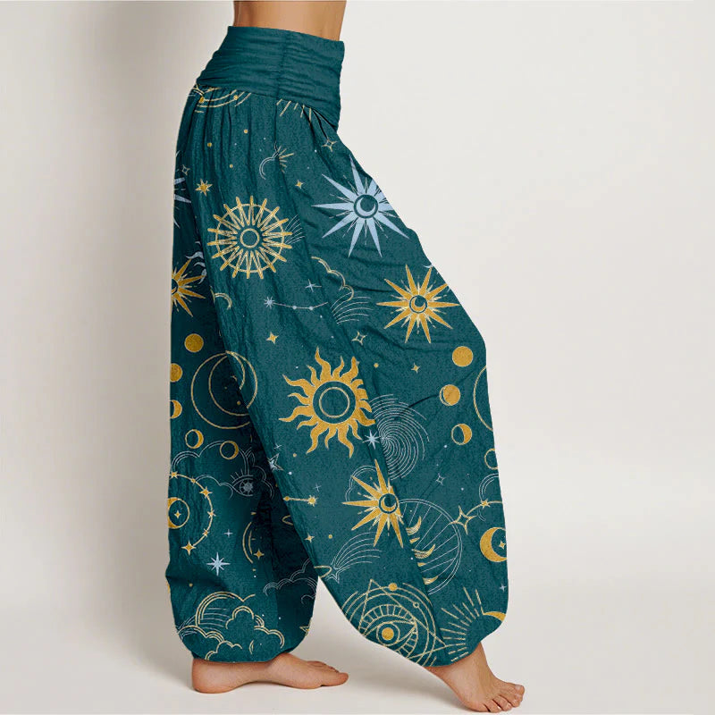 Buddha Stones Cotton Moon Sun Cloud Star Constellation Pattern Women's Elastic Waist Harem Pants