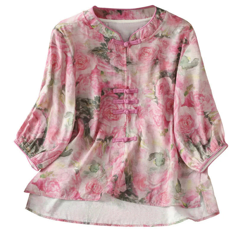 Buddha Stones Printing Floral Plain Chinese Frog-Button Women's Cotton Three Quarter Sleeve Shirt