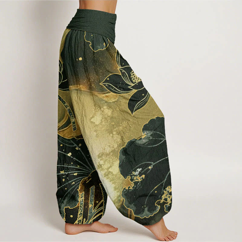 Buddha Stones Cotton Casual Lotus Petal Pattern Women's Elastic Waist Harem Pants