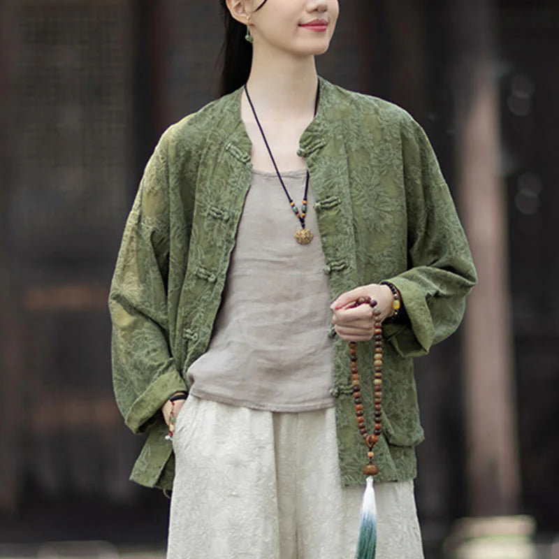 Buddha Stones Fall Jacquard Women's Frog-Button Long Sleeve Shirt Pants Cotton Linen Clothing
