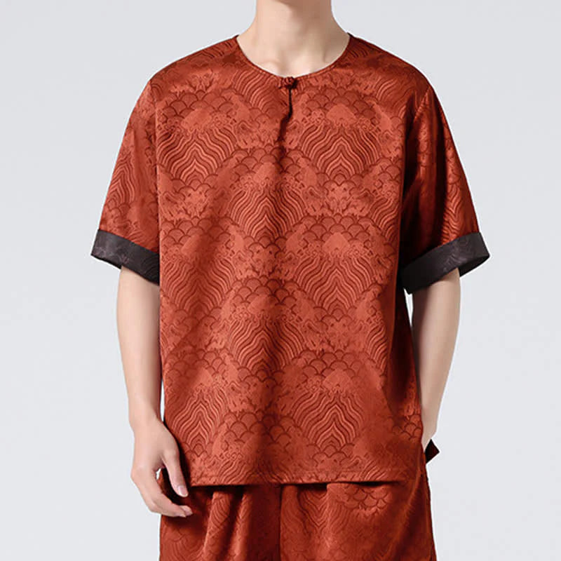 Buddha Stones Summer Retro Crackle Auspicious Cloud Pattern Short Sleeve Men's T-shirt