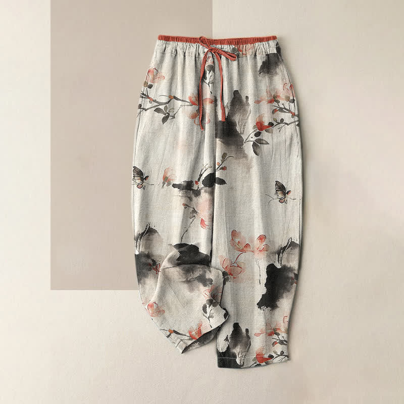 Buddha Stones Pure Cotton Butterfly Flowers Pattern Print Women's Pants With Pockets