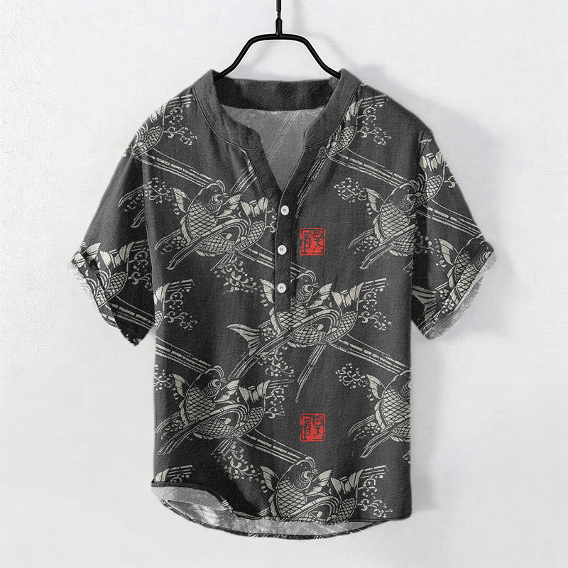 Buddha Stones Cotton Koi Fish Bamboo Pattern Men's Short Sleeve Half Button Shirt