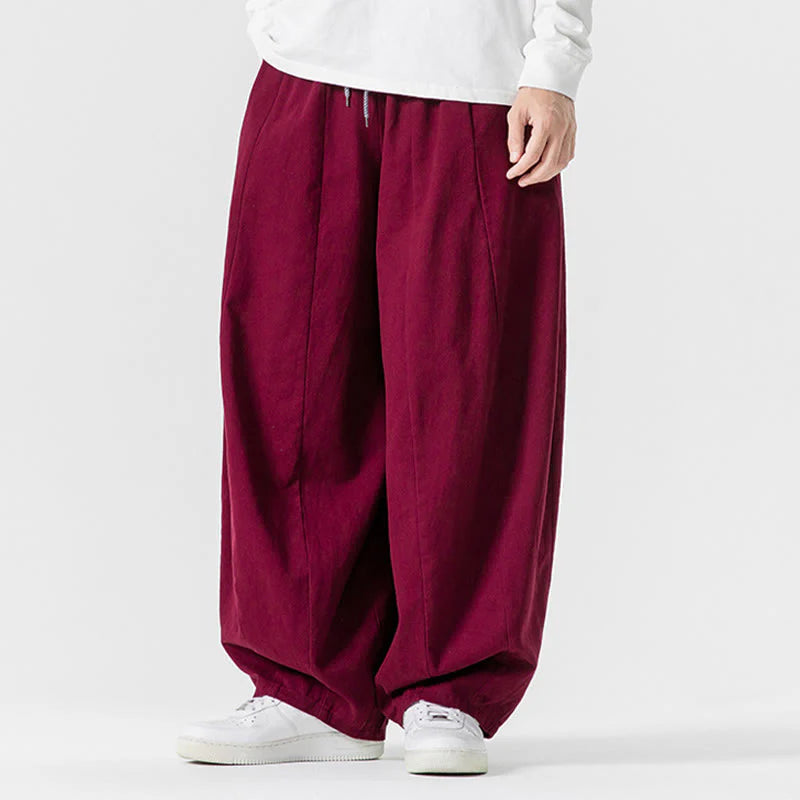 Buddha Stones Fall Solid Color Cotton Elastic Waist Men's Harem Pants With Pockets