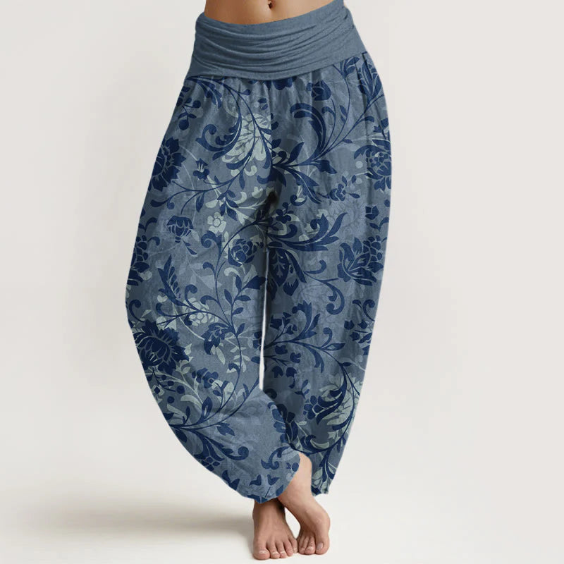 Buddha Stones Cotton Understated Luxury Flower Vine Pattern Women's Elastic Waist Harem Pants