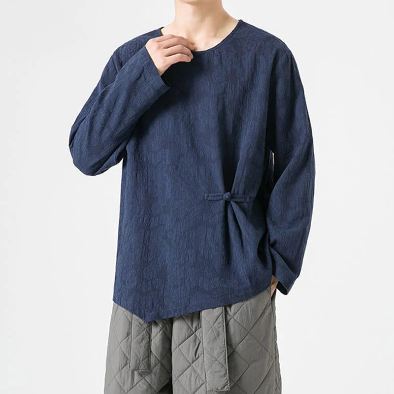 Buddha Stones Men's Chinese Frog-Button Plain Design Cotton Long Sleeve T-Shirt Zen Clothing