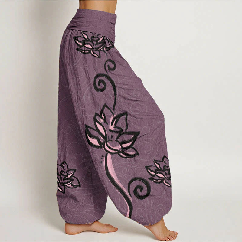 Buddha Stones Cotton Casual Lotus Auspicious Clouds Design Women's Elastic Waist Harem Pants