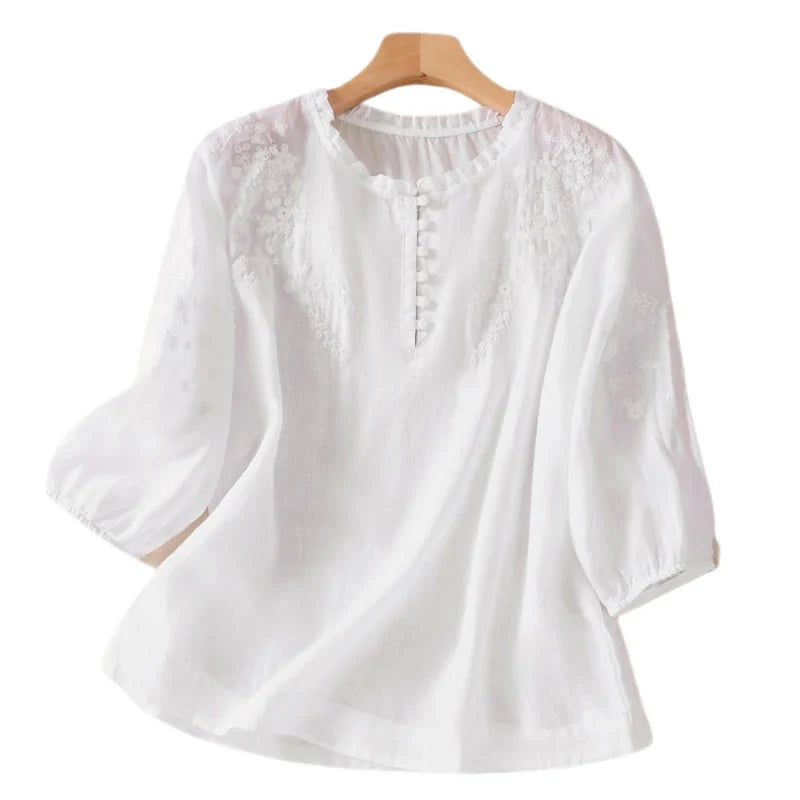 Buddha Stones Casual Plain Button Floral Embroidered Design Puff Half Sleeve Women's Shirt