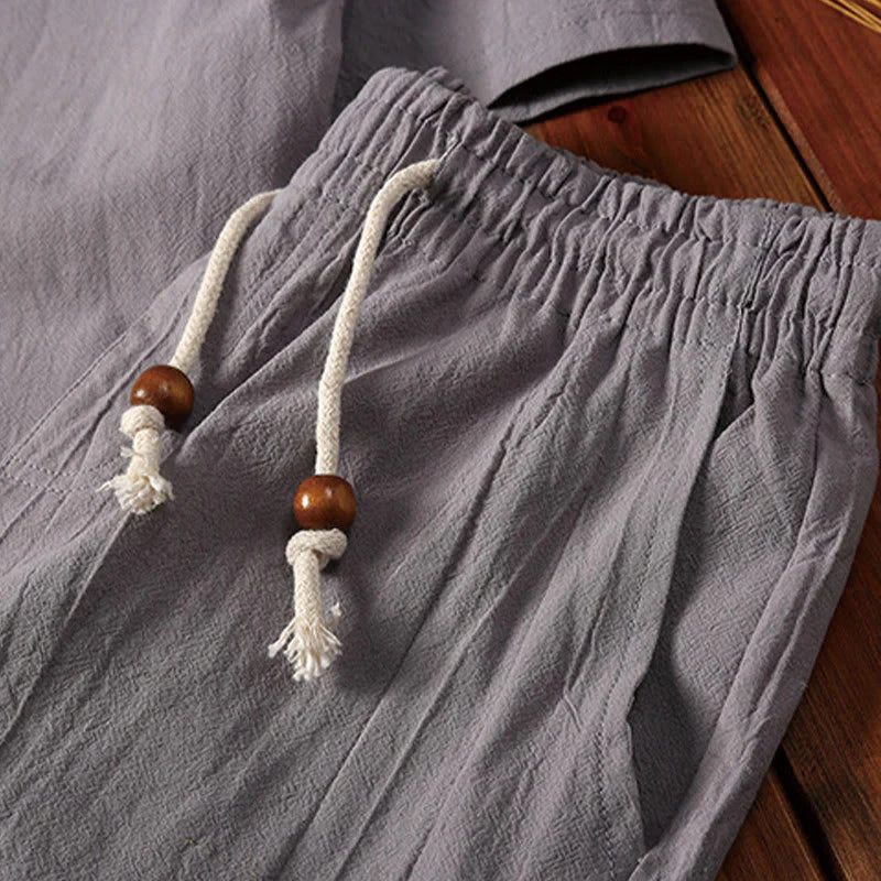 Buddha Stones 2Pcs Plain Notched Collar Short Sleeve T-Shirt Shorts With Pockets Cotton Linen Men's Meditation Cloth Set