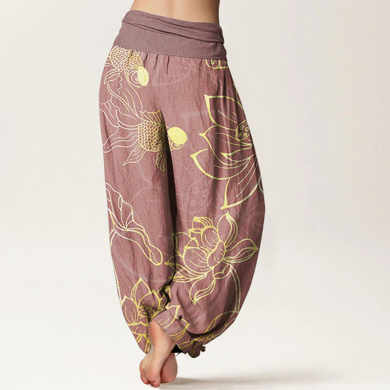 Buddha Stones Cotton Lotus Leaf Koi Fish Women's Elastic Waist Harem Pants
