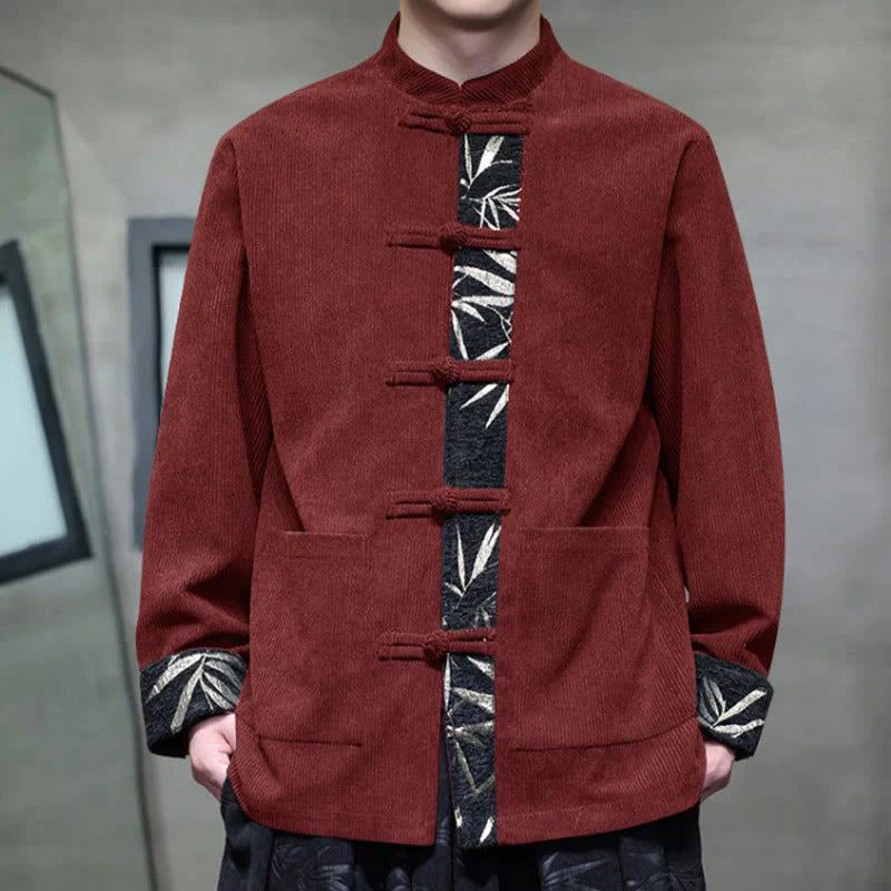 Buddha Stones Fall Bamboo Frog-Button Long Sleeve Men's Corduroy Cotton Jacket With Pockets