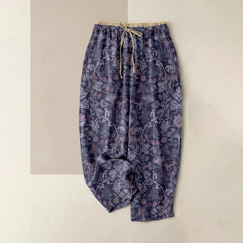 Buddha Stones Cotton Casual Flower Vine Leaves Pattern Women's Elastic Waist Pants With Pockets