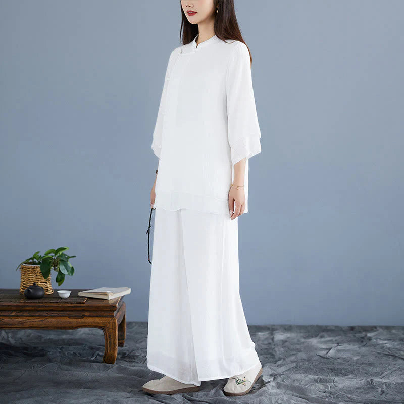 Buddha Stones 2Pcs Solid Color White Frog-Button Three Quarter Sleeve Shirt Wide Leg Pants Meditation Zen Clothing Women's Set