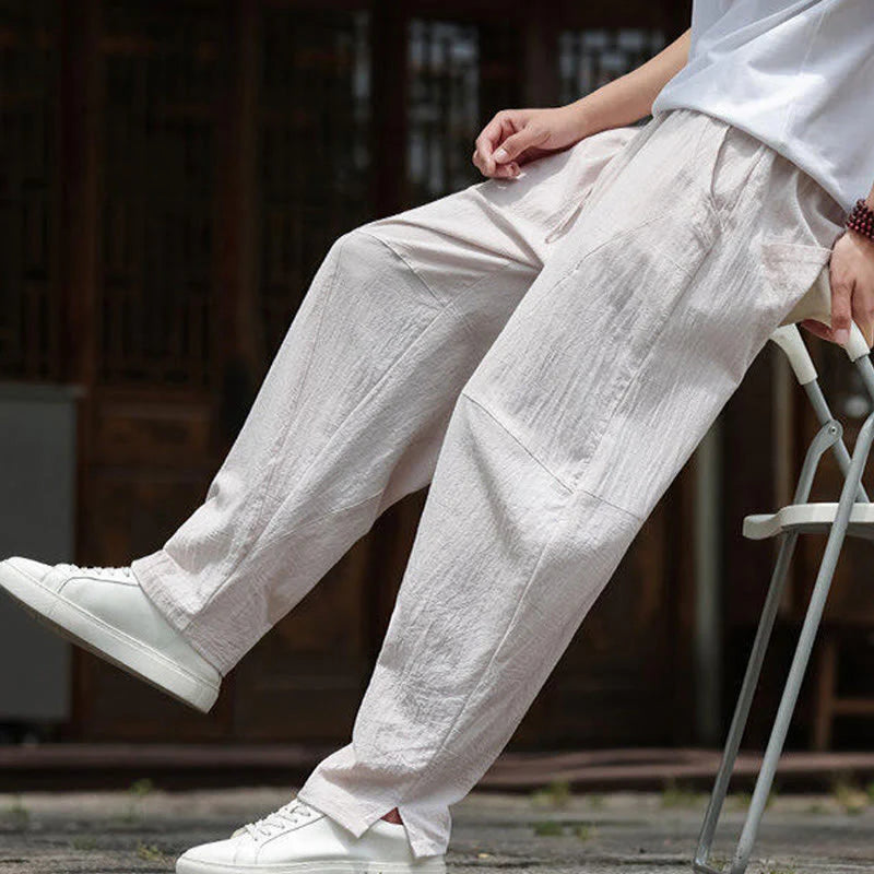 Buddha Stones Solid Drawstring Men's Elastic Waistband Cotton Linen Pants With Pockets