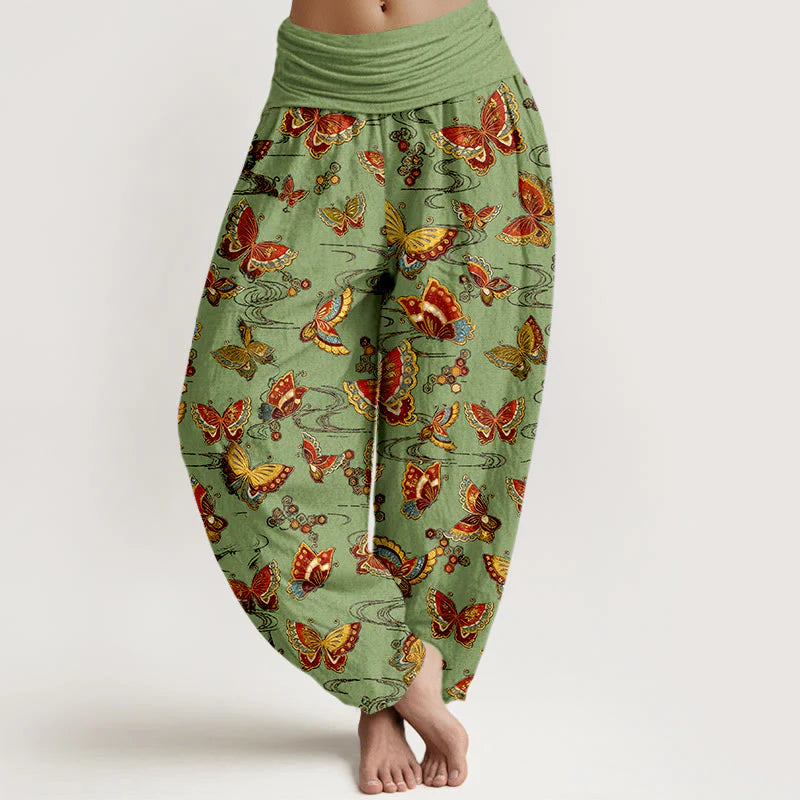 Buddha Stones Cotton Colorful Butterfly Pattern Women's Elastic Waist Harem Pants