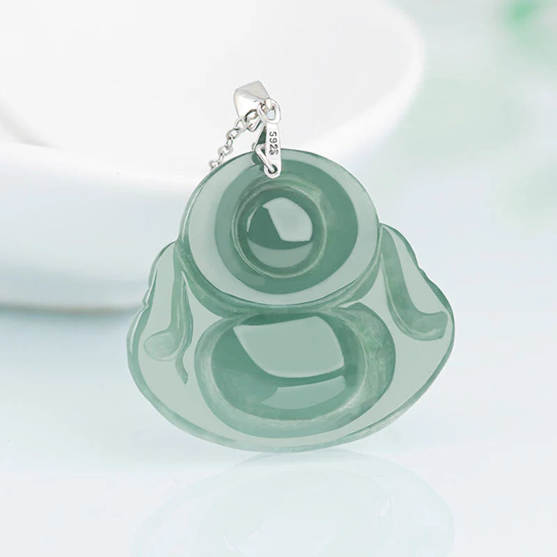 Buddha Stones Laughing Buddha Jade Protection Calm Titanium Steel Chain Necklace Pendant