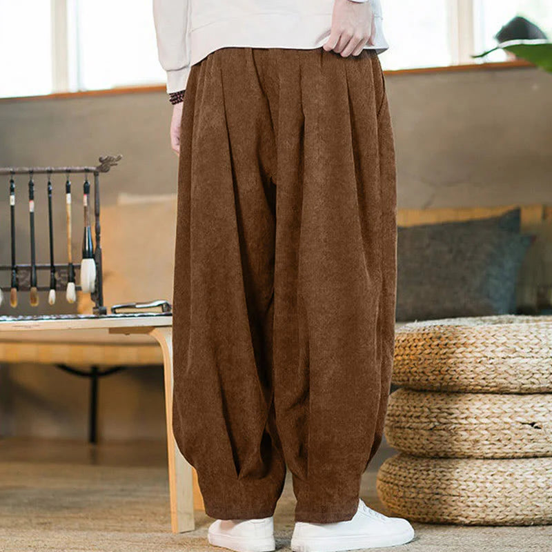 Buddha Stones Retro Men's Plain Fleece-Lined Corduroy Simple Design Harem Pants With Pockets