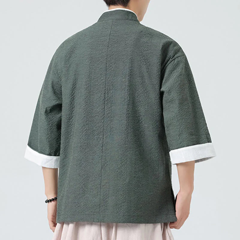 Buddha Stones Spring Solid Color Three Quarter Sleeve Tang Suit Men's Buttons Shirt With Pockets