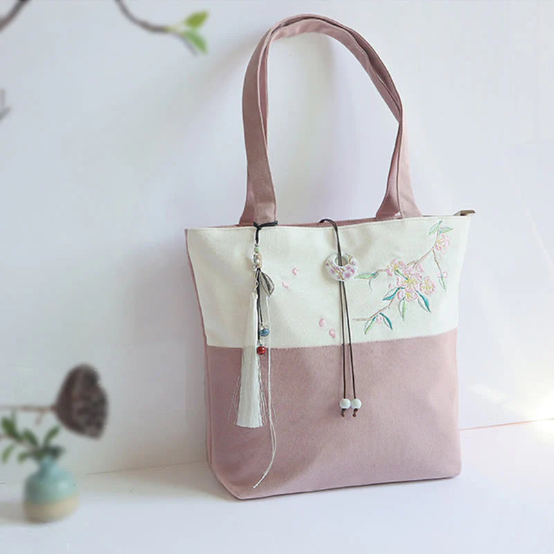 Buddha Stones Pear Flower Plum Peach Blossom Bamboo Embroidery Canvas Large Capacity Shoulder Bag Tote Bag