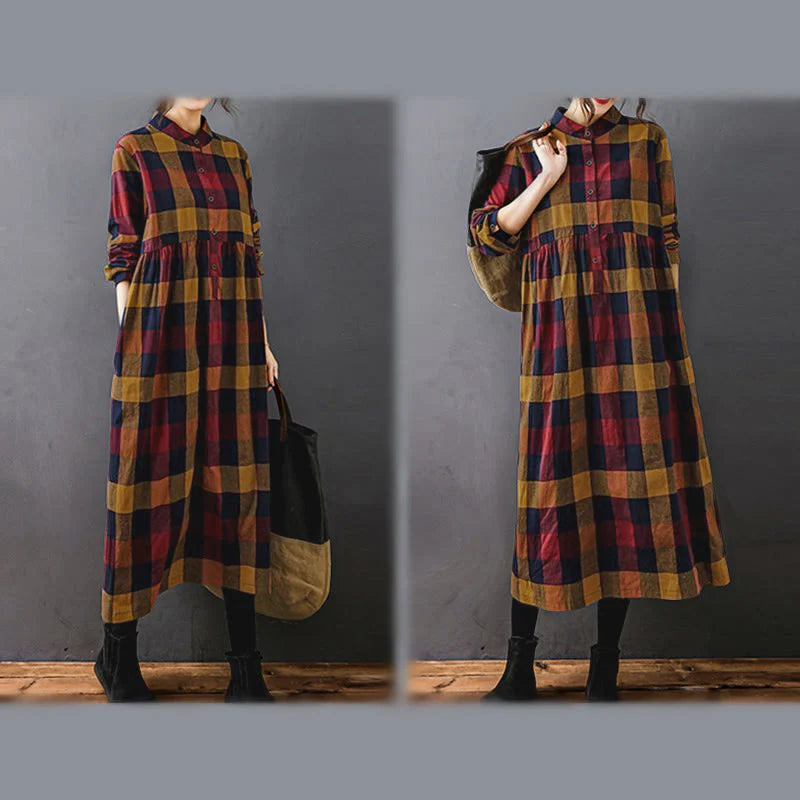 Buddha Stones Commute Patchwork Color Plaid Long Sleeve Cotton Midi Dress