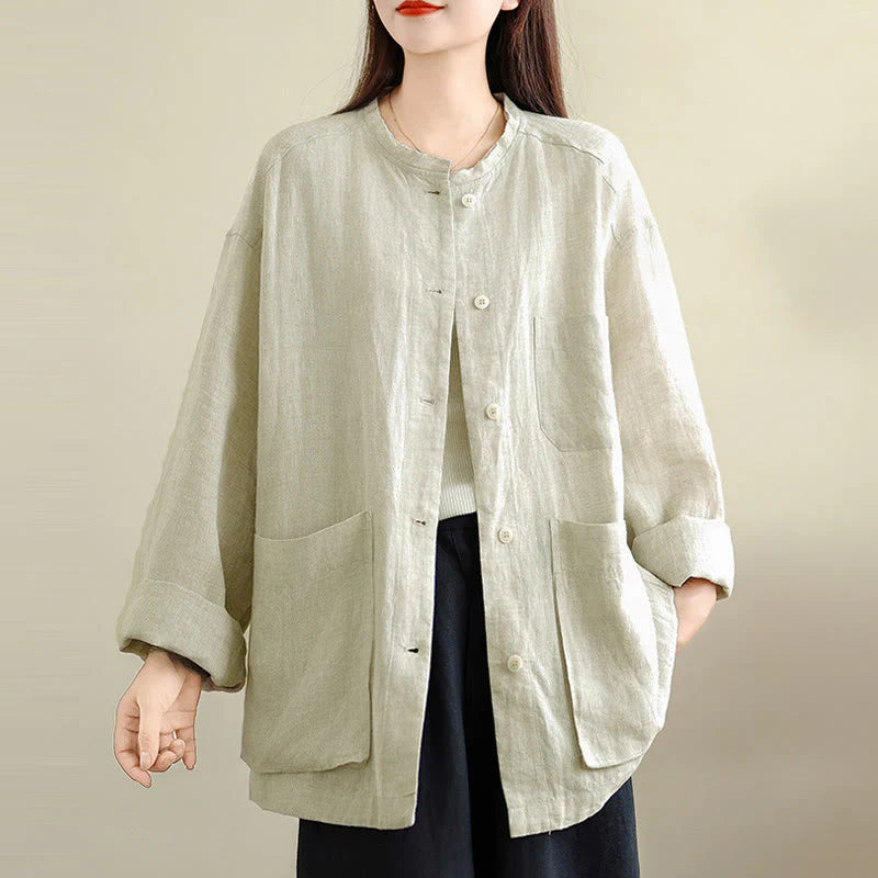 Buddha Stones Spring Crew Neck Long Sleeve Plain Women's Cotton Buttons Shirt With Pockets