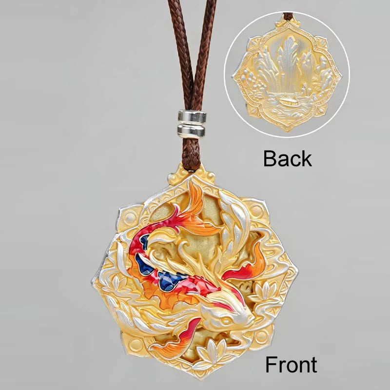 Buddha Stones 999 Sterling Silver Colorful Koi Fish Carved Luck Necklace Pendant