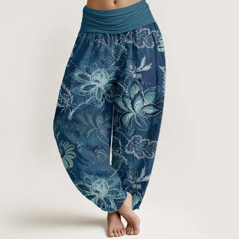 Buddha Stones Cotton Casual Floral Leaves Women's Elastic Waist Harem Pants