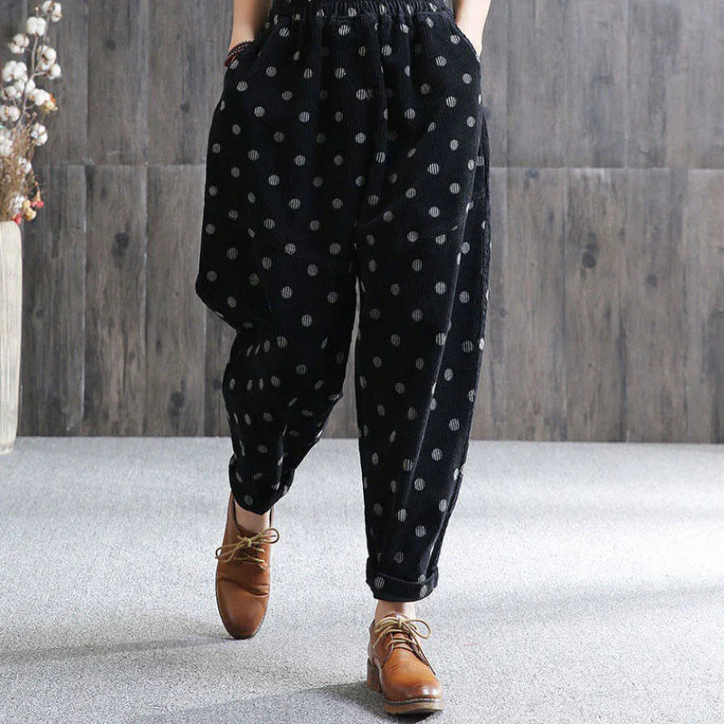 Buddha Stones Women's Fall Commute Printing Dot Pattern Corduroy Harem Pants With Pockets