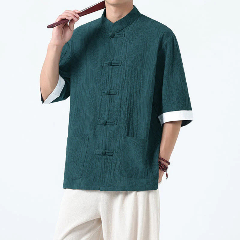 Buddha Stones Summer Flowers Grass Pattern Tang Suit Men's Frog-Button Half Sleeve Cotton Shirt With Pockets