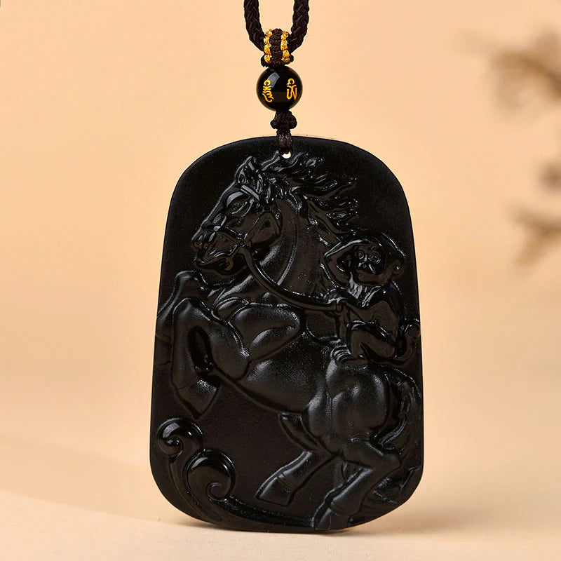 Buddha Stones Year of the Horse Natural Black Obsidian Strength Necklace Pendant