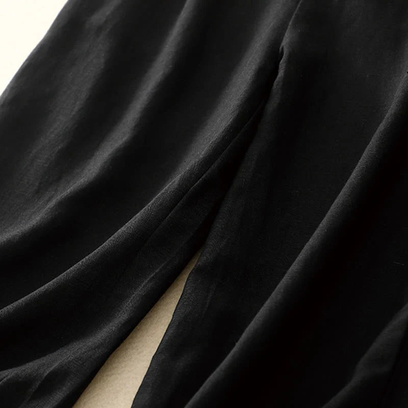 Buddha Stones Summer Plain Color 7-8 Length Cotton Linen Women's Wide Leg Pants With Pockets Zipper