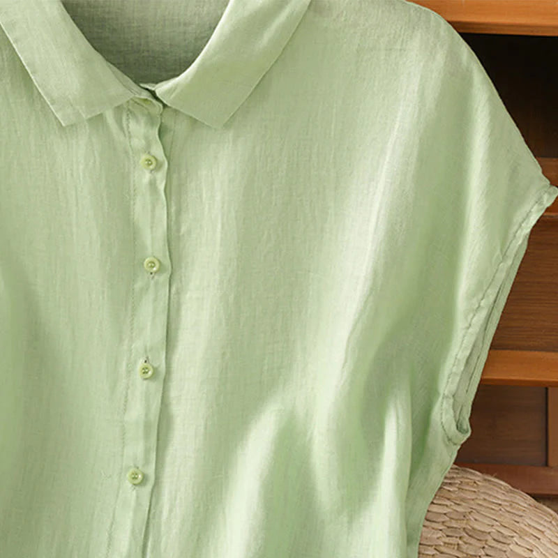 Buddha Stones Summer Plain Color Button Short Sleeve Women's Cotton Shirt