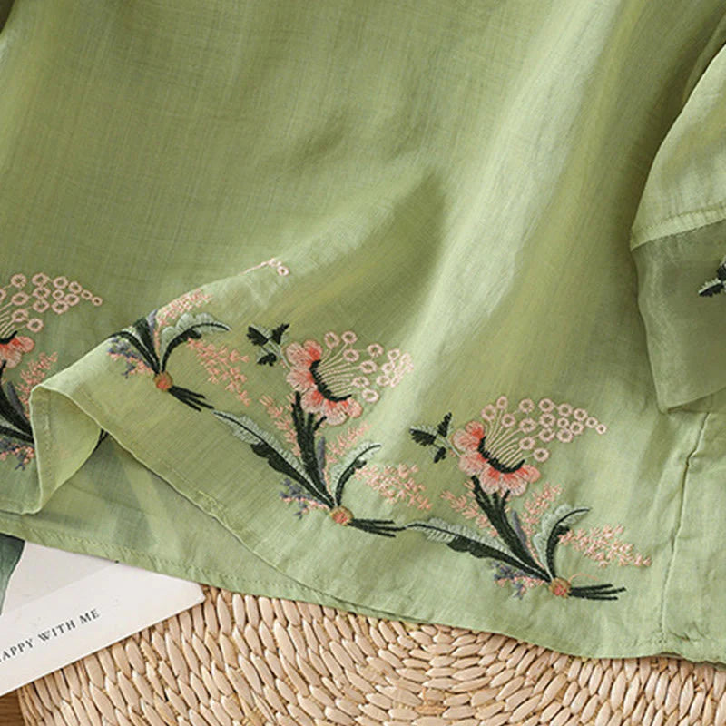 Buddha Stones Casual Floral Embroidery Crew Neck Women's Frog-Button Polyester Half Sleeve Shirt