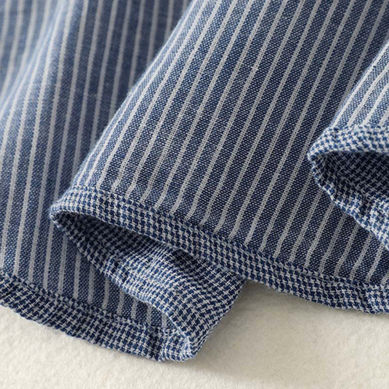 Buddha Stones Fall Blue Striped Color Blocking Stand Collar Buttons Down Design Women's Long Sleeve Shirt