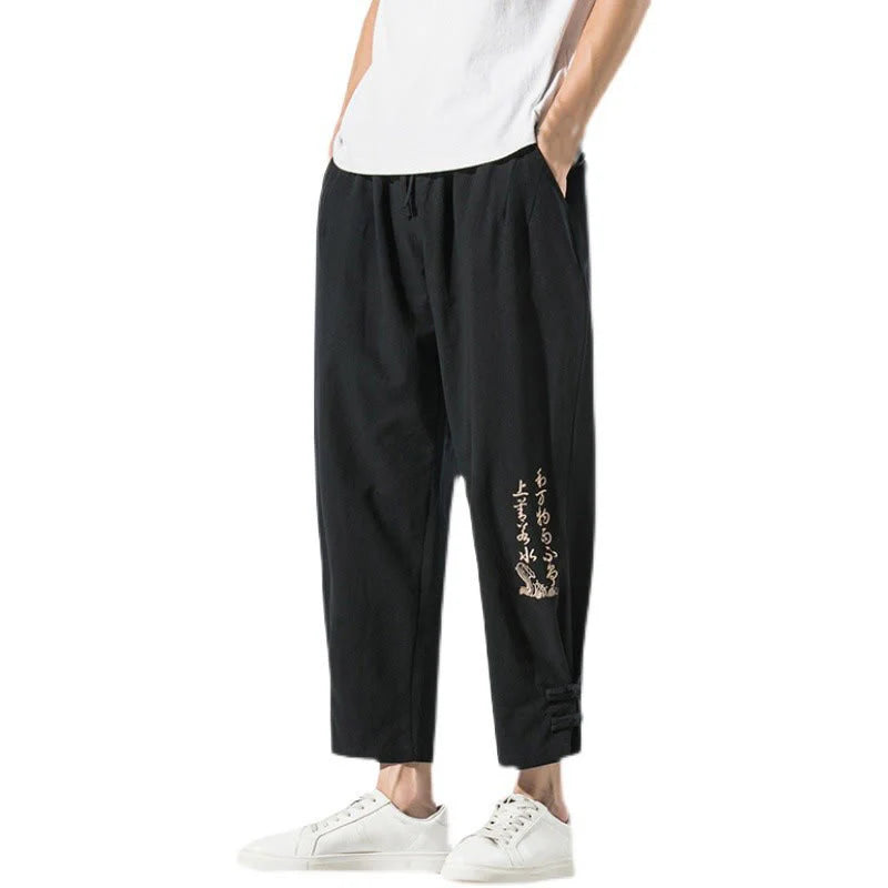 Buddha Stones Summer Chinese Characters Embroidery Men's Cotton Linen Pants With Pockets