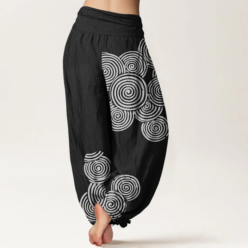 Buddha Stones Printed White Spiral Pattern Women's Elastic Waist Harem Pure Cotton Pants