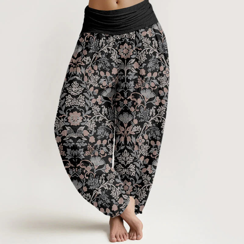 Buddha Stones Pure Cotton Complicated Flower Leaves Vine Pattern Women's Elastic Waist Harem Pants