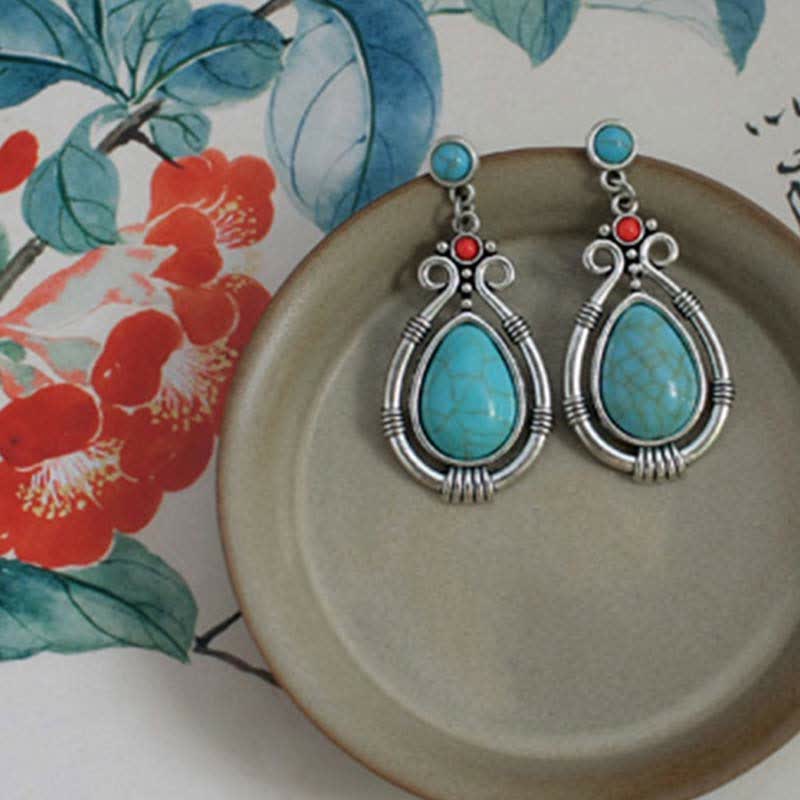 Buddha Stones Tibet Vintage Turquoise Waterdrop Strength Drop Dangle Earrings Clips