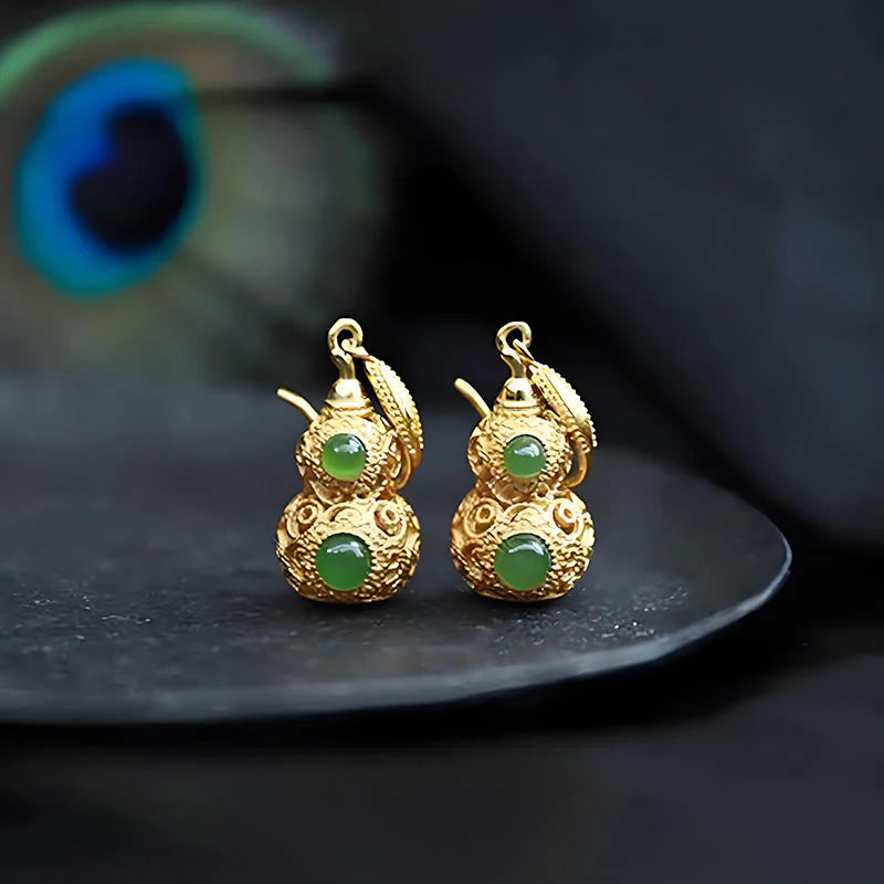 Buddha Stones Copper Hollow Gourd Jade Prosperity Earrings