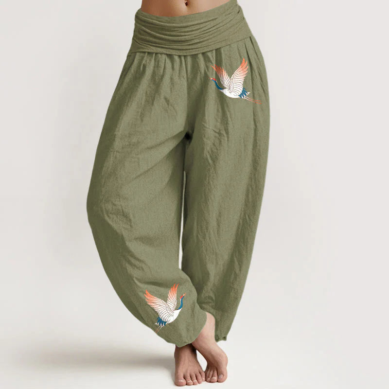 Buddha Stones Two Graceful Cranes Pattern Pure Cotton Women's Elastic Waist Harem Pants