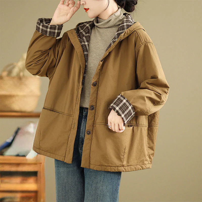 Buddha Stones Plaid Hoodie Pattern Women's Long Sleeve Cotton Thickened Jacket With Pockets