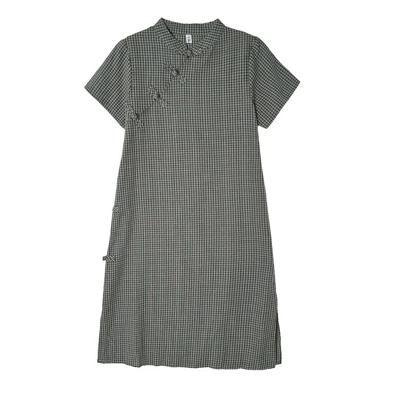 Buddha Stones Plaid Short Sleeve Frog-Button Design Cotton Linen Improved Cheongsam Midi Dress