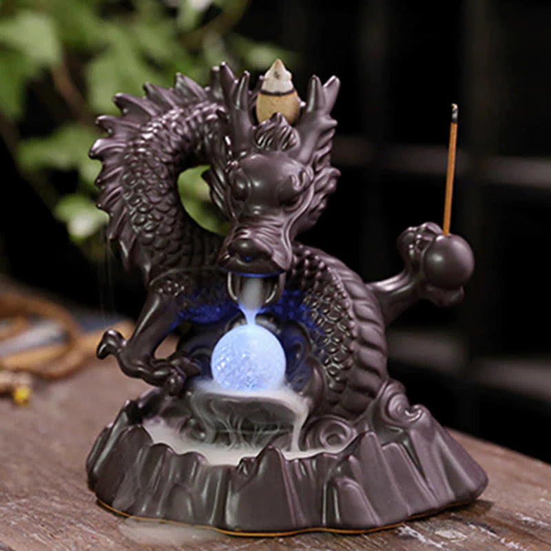 Buddha Stones Auspicious Dragon Ceramic Backflow Smoke Fountain Meditation Healing Incense Burner Led Ball Decoration