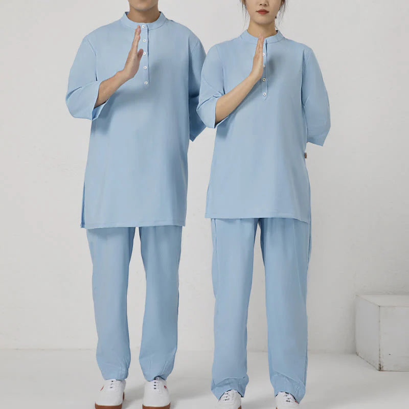 Buddha Stones 2Pcs Buttons Men's Three Quarter Sleeve Shirt Top Pants Meditation Zen Tai Chi Cotton Linen Clothing Set
