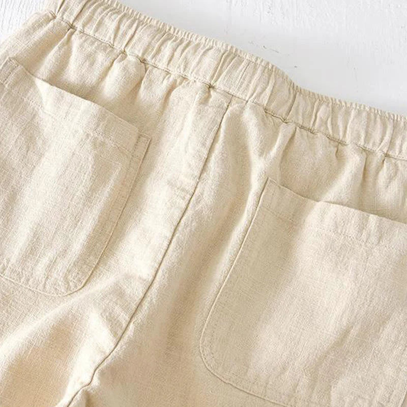 Buddha Stones Summer Solid Color Drawstring Elastic Waist Men's Cotton Linen Shorts With Pockets