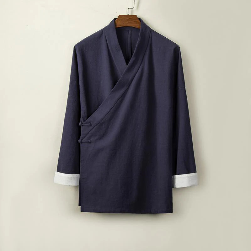 Buddha Stones Chinese Frog-Buttons Long Sleeve Design Open Front Jacket Men's Cotton Linen Kimono