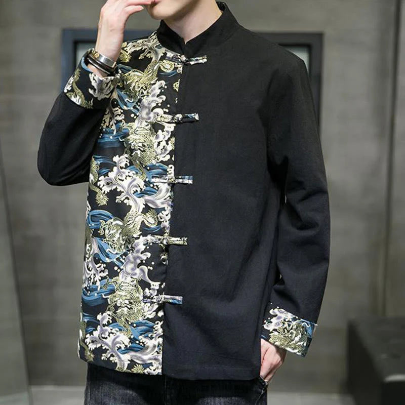 Buddha Stones Printed Color Contrast Dragon Pattern Frog-button Long Sleeve Men's Cotton Jacket