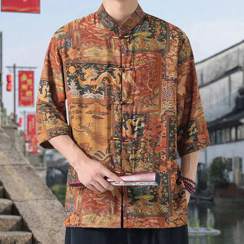 Buddha Stones Dragon Auspicious Clouds Green Mountains Chinese Frog-Button Men's Half Sleeve Cotton Linen Shirt