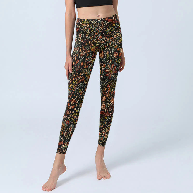 Buddha Stones Intricate Flower Leaf Pattern Print Gym Leggings Women's Yoga Pants