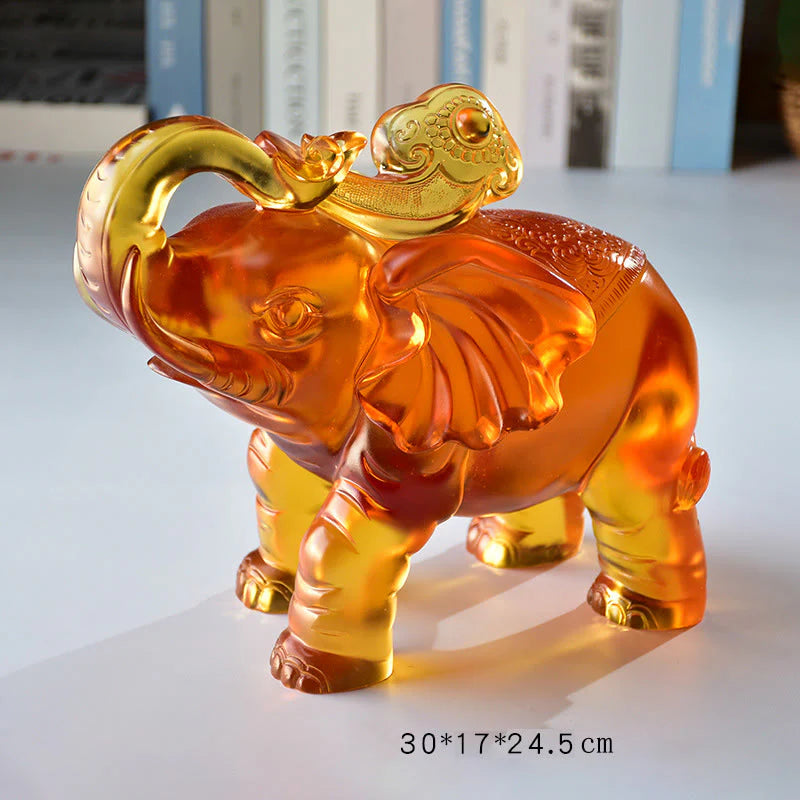 Buddha Stones Yellow Liuli Crystal Elephant Trunk Up Down Design Strength Home Decoration